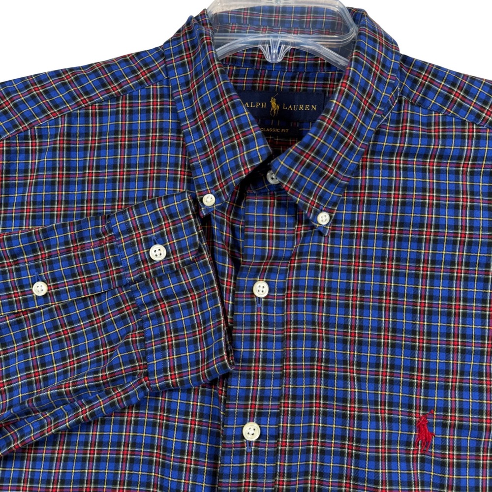 Ralph Lauren Button Down Shirt Mens XL Blue Plaid Classic Fit Long Sleeve Cotton